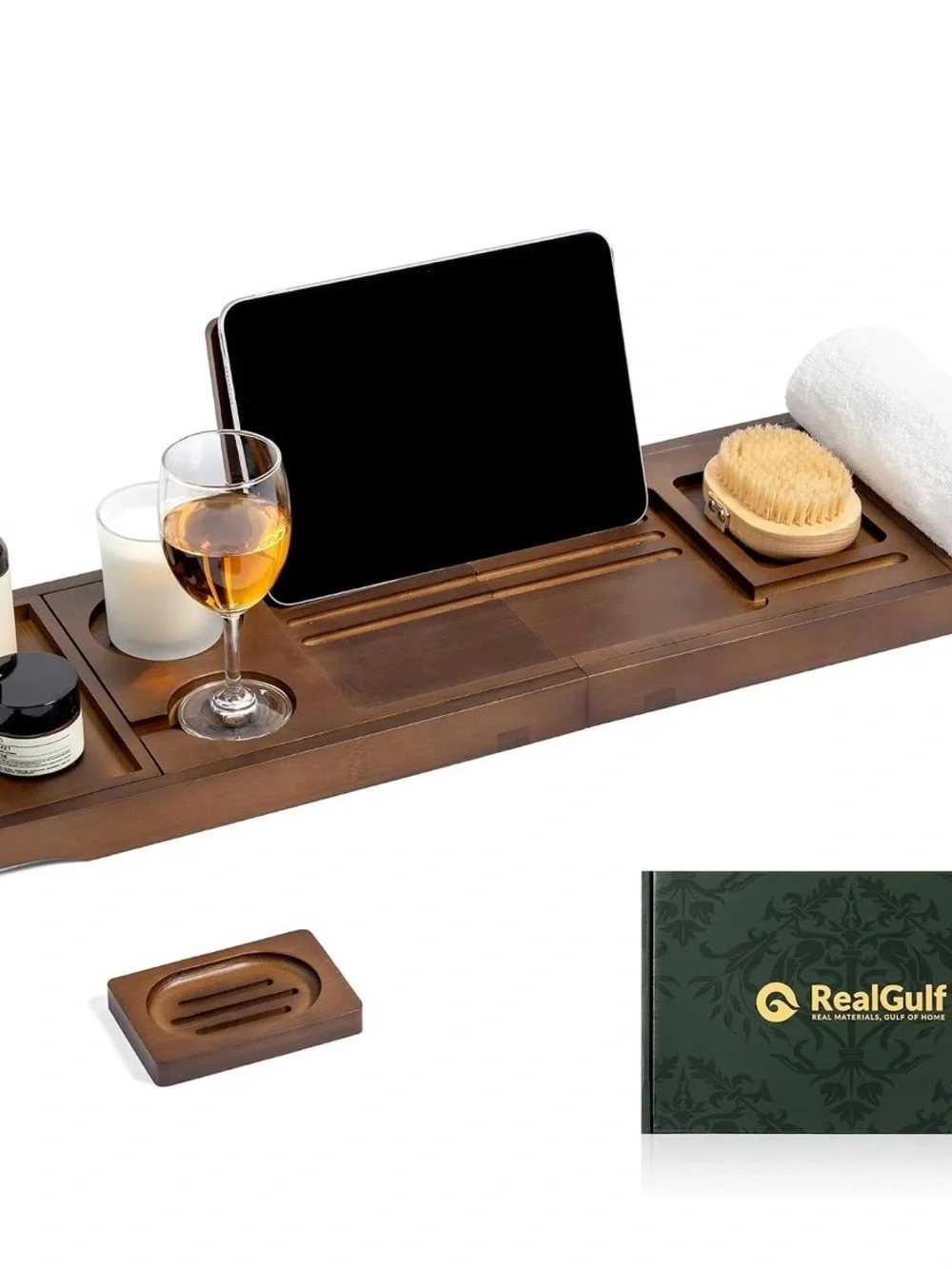 Brown Bamboo Bathtub Caddy Tray with Wine Glass Holder